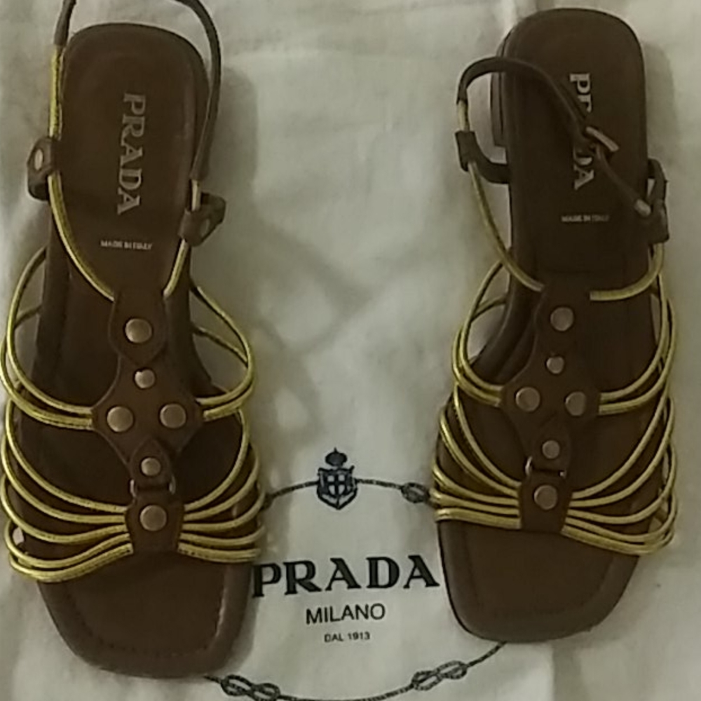 SOLD. Prada Brown Sandals with Gold Straps
